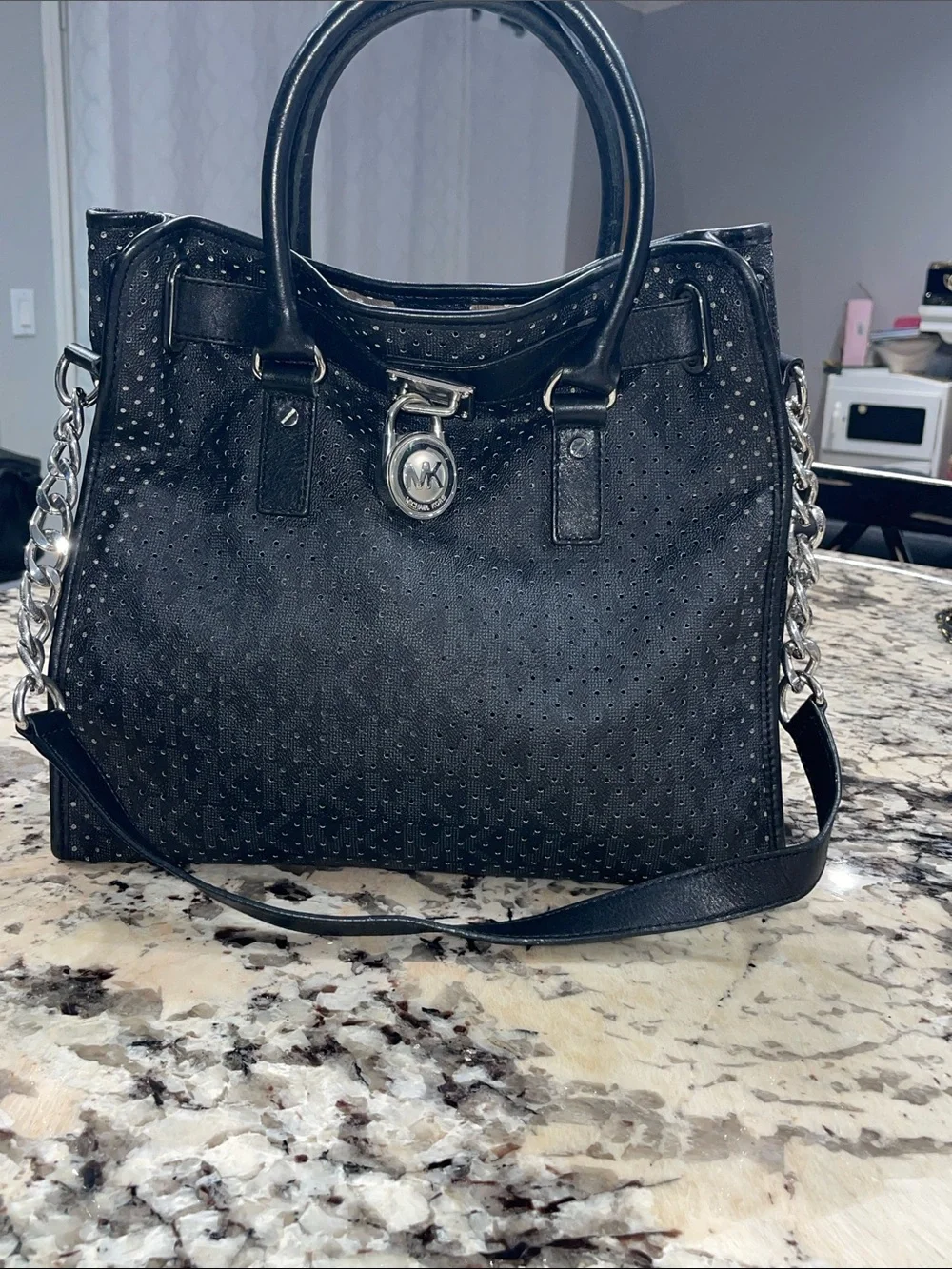 MICHAEL Michael Kors Black Perforated Leather Tote with Silver Hardware